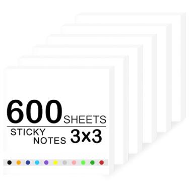 Imagem de Bloco de notas super adesivas, 6 blocos autoadesivos 7,6 x 7,6 cm, 600 folhas de bloco de notas adesivas em massa, material de escritório, material escolar, presentes de Natal (branco, 6 blocos de