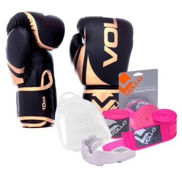 Imagem de Kit Boxe Muay Thai Luva 10Oz Dourado + Protetor Bucal + Bandagem Rosa 