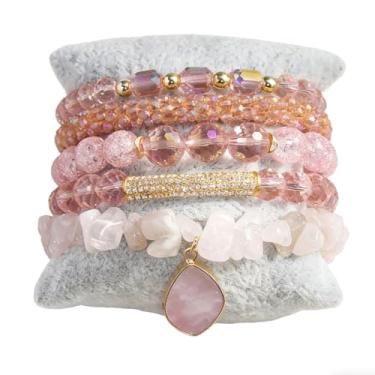 Imagem de ZOSOJONA Pulseiras femininas Boho com contas, 5 peças, contas de ágata turquesa, conjunto de pulseiras elásticas com pedra natural e cristal, pulseiras empilháveis da amizade, joias presentes para