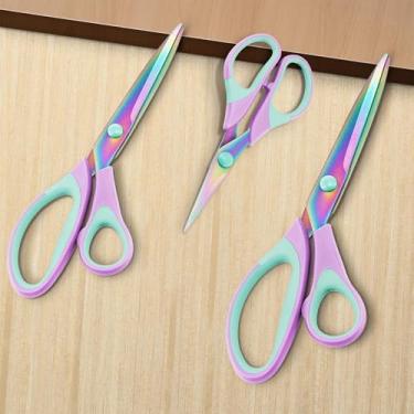 Imagem de 3 tesouras de alfaiate afiadas, lâminas de titânio, cabo macio de borracha, tesoura de tecido multiuso para adultos, escritório, costura, escola (azul e roxo)