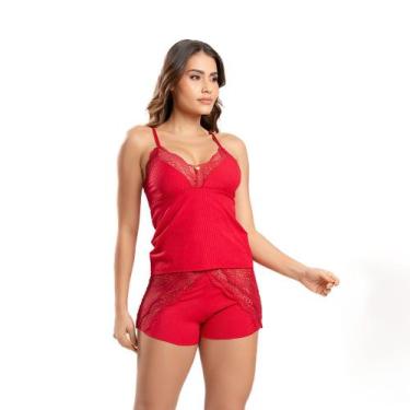 Imagem de Short doll Baby doll Canelado Pijama conforto Maya, M, Vermelho