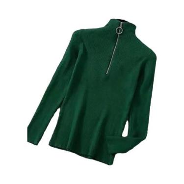Imagem de Suéter Feminino Vintage De Tricô Com Zíper, Manga Longa, Gola Alta, Ca