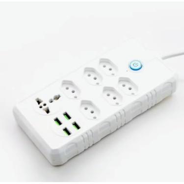 Imagem de Filtro de Linha com 7 Tomadas, 1 Universal e 4 Portas USB, Extensão Elétrica Bivolt 10A, Branco 2 metros de cabo.