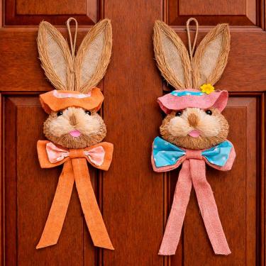Imagem de Pendente Casal Cabeça Coelho Decoração De Páscoa Palha 65cm