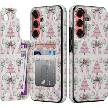 Imagem de Goodon Capa carteira para Samsung Galaxy S25 Plus com porta-cartão, bloqueio RFID, capa floral vintage estética, capa protetora retrô moderna exclusiva para mulheres e meninas - rosa Christmas Cheer