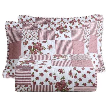 Imagem de Kit Cobre Leito Colcha Lislie King 3 Peças Percal 300 Fios Dupla Face Estampado - Patchwork Malva - 100% Poliéster