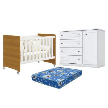 Imagem de Berço Americano Evolution 4 em 1 Branco Acetinado Savana Reller e Cômoda Americano Branco HP e Colchão Ortobom - Henn