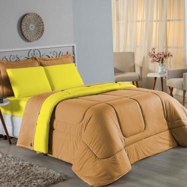 Imagem de Kit Edredom Dupla Face + Jogo De Lençol Queen Nobre 7 Peças Malha 100% Algodão - Cobre / Amarelo