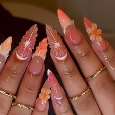 Imagem de Vestível com design floral frutado Faux Nail BJR em forma de amêndoa