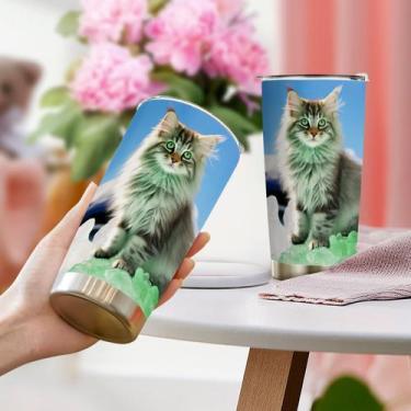 Imagem de Copo de viagem, caneca de café Oasisdream, 600 ml com estampa de gato