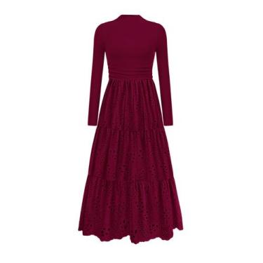 Imagem de Vestido PRETTYGARDEN Outono 2025 Maxi Vermelho Vinho com Bordado Eyele