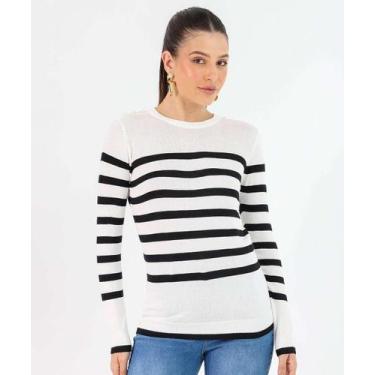 Imagem de Suéter Feminino Tricô Listrado Pérolas Marisa Off Whit-53385, Off whit
