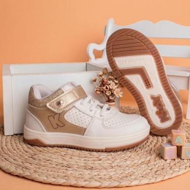 Imagem de Tênis Infantil Menina Kidy Happy Off White com Glitter Dourado Velcro-Feminino