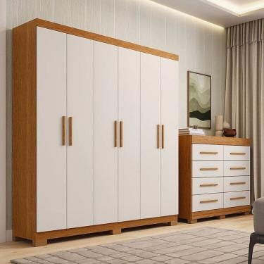 Imagem de Conjunto Quarto Casal Guarda-roupa 6 Portas Cômoda 8 Gavetas Papoulas Espresso Móveis Cinamomo / Off White