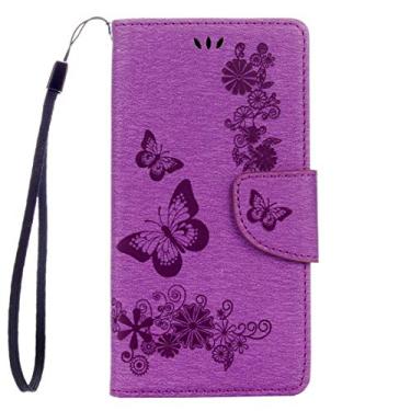 Imagem de CHAJIJIAO Capa ultrafina para Sony Xperia XZ Power Butterflies em relevo horizontal capa de couro com suporte e compartimentos para cartões, carteira e cordão (preto) (cor: roxo)