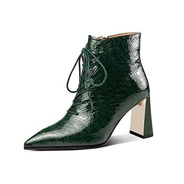 Imagem de TinaCus Botas femininas de couro envernizado com bico fino feito à mão com zíper lateral salto alto bloco com cadarço, Verde, 8.5