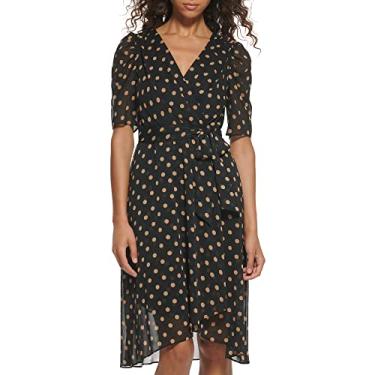 Imagem de Tommy Hilfiger Vestido feminino midi com gola V, Preto/Tanino, 44