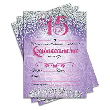 Imagem de 25 convites de festa de 15 anos com dupla face rosa e roxo para meninas de 15 anos inclui envelopes (espanhol/espanhol) (Familiar)