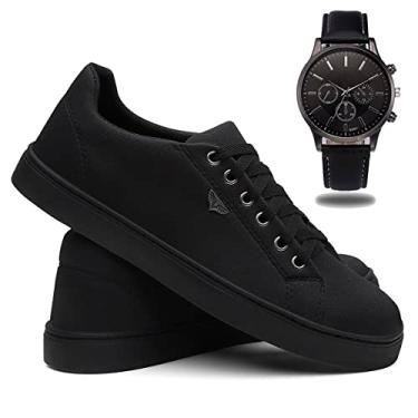Imagem de Kit Sapatênis Masculino Urbano Conforto Palmilha Confortável e Relógio Ponteiro - Preto/40