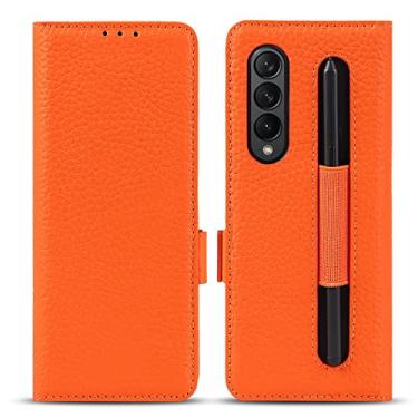 Imagem de LVCRFT Capa carteira para Samsung Galaxy Z Fold 3, capa de couro genuíno premium, com compartimento S Pen, compartimento para cartão, capa protetora magnética, laranja