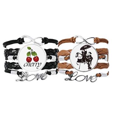 Imagem de DIYthinker Pulseira feminina japonesa para equitação e esboço de cavalo, alça de mão, corda de couro, cereja, conjunto duplo