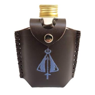 Imagem de Cantil De Bolso Porta Uisque Garrafa De Vidro e Capa De Couro (marrom/nossa senhora)