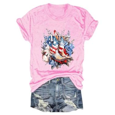 Imagem de Camiseta feminina de verão Dia da Independência 4 de julho, estampa da bandeira dos EUA, casual, gola redonda, túnica, rosa, 3G