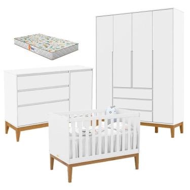 Imagem de Quarto de Bebê Nature Clean 4 Portas com Berço Unique Branco Soft Eco Wood e Colchão Gazin – Matic