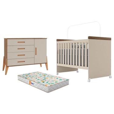 Imagem de Berço Mini Cama Lívia e Cômoda com Porta Emilly Off White Carvalho com Colchão Gazin -...