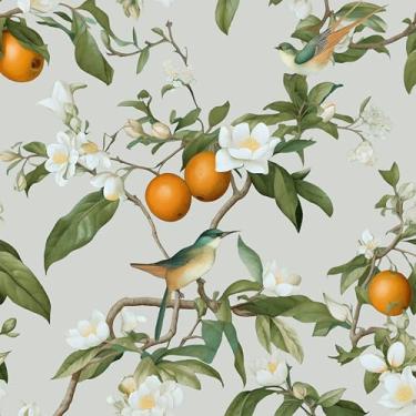 Imagem de Papel de parede floral bege descascar e colar, papel de contato botânico pássaro laranja/verde 44,5 cm x 1,000 cm, mural de papel de parede vintage removível à prova d'água autoadesivo para