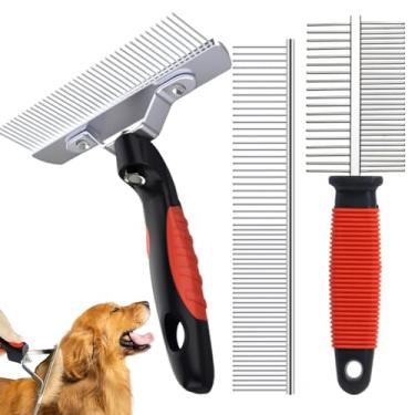 Imagem de Conjunto de escovas de ancinho para subpelo, pacote com 3 escovas para animais de estimação de dentes longos - Escova de ancinho para cães, pente de queda de aço e pente de teca dupla face para cães