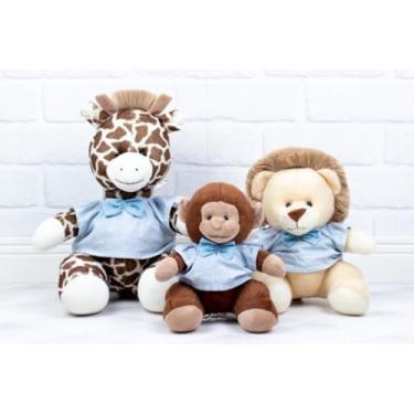 Imagem de Conjunto de 3 Pelúcia Safari, Macaco 15 cm, Leão 18 cm e Girafa 22 cm (XADREZ DE AZUL)