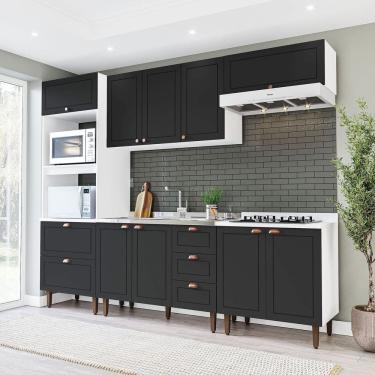 Imagem de Cozinha Pérola Completa 5 Peças Torre Quente Aéreo 3 Portas Balcão 120 Balcão 80 e Basculante Yescas Branco/Preto