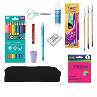 Imagem de Kit Material Escolar Estojo Canetas Lapiseira Tesoura e Cola - Multico