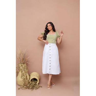 Imagem de Saia Jeans Longa Branca Toda Lisa Com Botões e Bolsos 100 Jeans Luxo M
