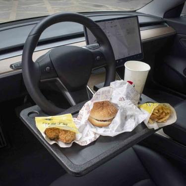 Imagem de CarQiWireless Tesla Model 3 Model Y S X Auto Volante Mesa de carro Bandeja de volante para laptop, tablet, iPad ou notebook, mesa de viagem de carro, mesa de comer gancho para comer alimentos