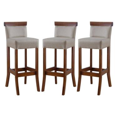 Imagem de Kit 3 Banquetas Alta com Encosto Estofado Diamantina em Madeira Maciça Imbuia Linho Bege M58 RMI