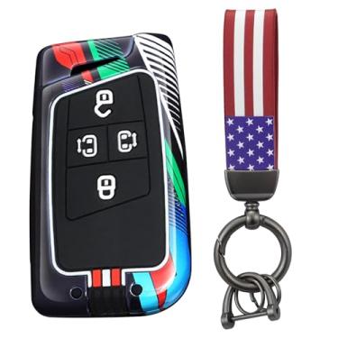 Imagem de HIBEYO Capa de chaveiro de 4 botões compatível com Volkswagen Passat Golf Alltrack Atlas Jetta Skoda Superb A7 Kodiaq Tiguan Acessórios Capa de chave pintada de metal com chaveiros da bandeira dos EUA