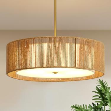 Imagem de VDWO Lustre Boho Para Sala De Jantar, Lustre De Vime Com Cúpula De Tecido, Luminária Pendente Costeira Tecida À Mão Para Ilha De Cozinha, Hall De Entrada, Sala De Estar, Quarto, Certificado Pela Ul