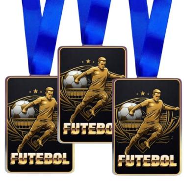 Imagem de Kit 100 Medalhas Personalizado Retangular De Metal Com Fita Azul - Esportes e Comemorações (Futebol)