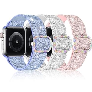 Imagem de Pacote com 3 pulseiras de relógio de nylon brilhante compatíveis com Apple Watch séries 10, 9, 8, 7, 6, 5, 4, 3, 2, 1, SE2, meninas e meninos de 38 mm, 40 mm, 41 mm, 42 mm, 44 mm, 45 mm, 46 mm, SE