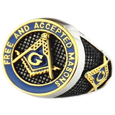 Imagem de VPKJewelry Anel masculino de aço inoxidável maçom maçônico polido ouro azul maçom livre e aceito sz 7,5-14,5 Os melhores presentes, Aço inoxidável, banhado a ouro, plástico, metal, Sem pedra preciosa