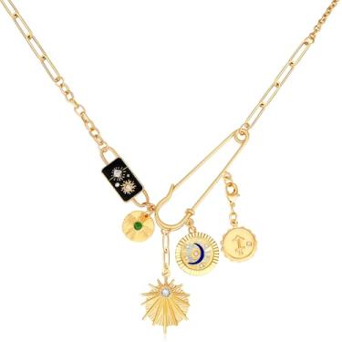 Imagem de BONJOULRY Colar com pingente feminino dourado olho turco sol lua flor pingente colar delicado clipe de papel vintage sorte amuleto gargantilha colares joias celestiais, 18.50 inch, Liga de zinco,