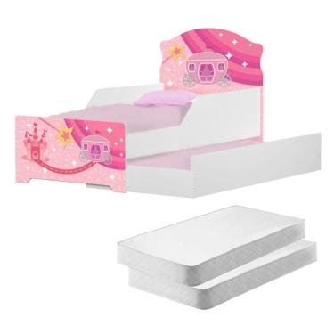 Imagem de Mini Cama Infantil Com Auxiliar Carruagem Rosa Com Colchões