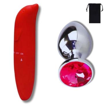 Imagem de Kit Vibrador Feminino Golfinho Estimulador de Clitóris + Plug Anal Pedra de Cristal P - Sex Shop (Vermelho)