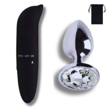 Imagem de Kit Vibrador Feminino Golfinho Estimulador de Clitóris + Plug Anal Pedra de Cristal P - Sex Shop (Preto)