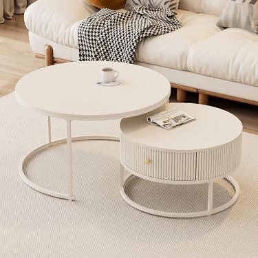 Imagem de Conjunto redondo de mesa de café de ninho de 2, empilhamento de mesa lateral com moldura de metal dourado, mesa de chá de sofá para espaço pequeno/sala de estar/quarto, a, (60x46)+(45x36) cm
