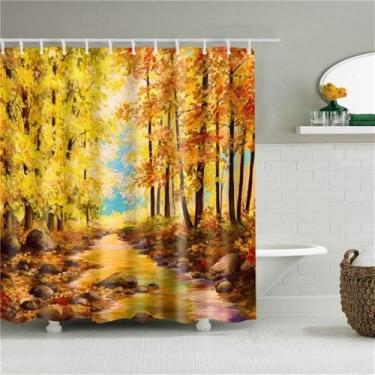 Imagem de Cortina de chuveiro de floresta decoração tecido cortinas de banheiro pintura a óleo paisagem tela de banho com 12 ganchos, SK5898, L90 x A180 cm