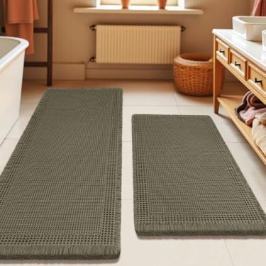 Imagem de Conjunto de 2 peças de tapete de banho waffle, moderno, tecido boêmio, absorvente, antiderrapante, tapetes de banheiro macios, laváveis na máquina, tapetes de banho de malha com borda para banheiro