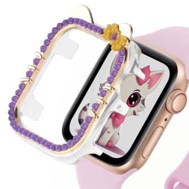 Imagem de Capa protetora de desenho animado compatível com Apple Watch Series 9, 8, 7, 41 mm, 45 mm, séries 6, 5, 4, SE 2, 40 mm e 44 mm, capa protetora de gato fofo, protetor de policarbonato rígido